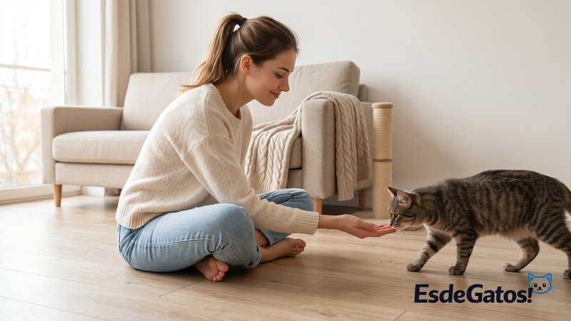 mujer dando comer gato