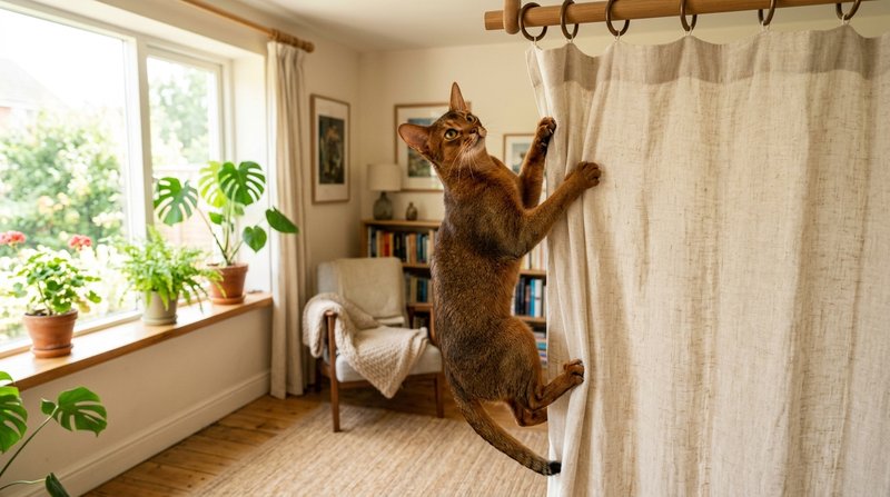Un gato abisinio juguetón trepando por una cortina de un salón luminoso, con actitud enérgica y curiosa