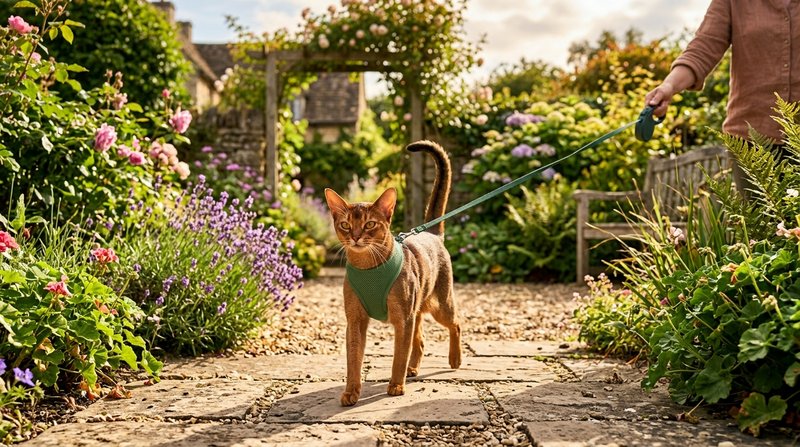 Un gato abisinio paseando con arnés y correa por un jardín soleado, atento y seguro como si fuera un perro pequeño