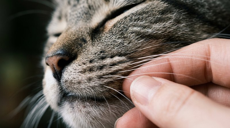 Un primer plano muy cercano del pelaje y los bigotes de un gato mientras una mano lo roza apenas, mostrando cada pelo y