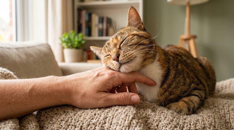 Un gato restregando la mejilla contra la mano abierta de una persona por iniciativa propia, gesto de confianza y acercam