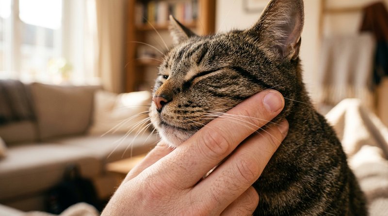 Un primer plano de un gato frotando el lateral de su cara y su mentón contra unos dedos, marcando su olor con expresión