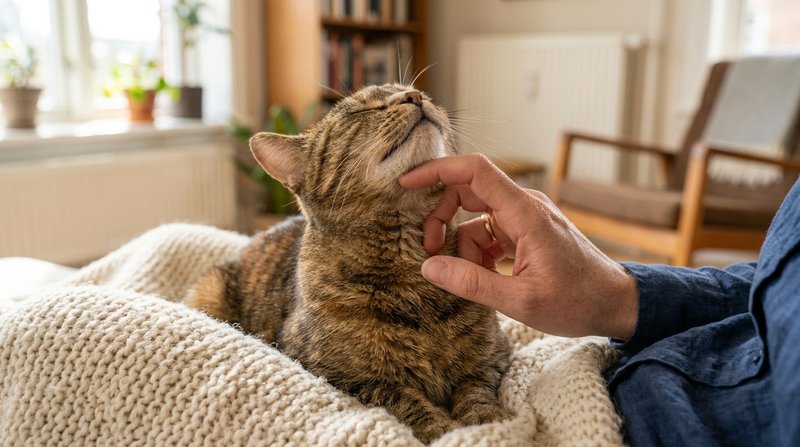 Una persona rascando con dos dedos bajo el mentón y las mejillas de un gato que estira el cuello disfrutando con los ojo