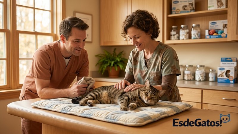 Una acogedora clínica veterinaria con un gato tranquilo sobre la camilla y personal amable alrededor