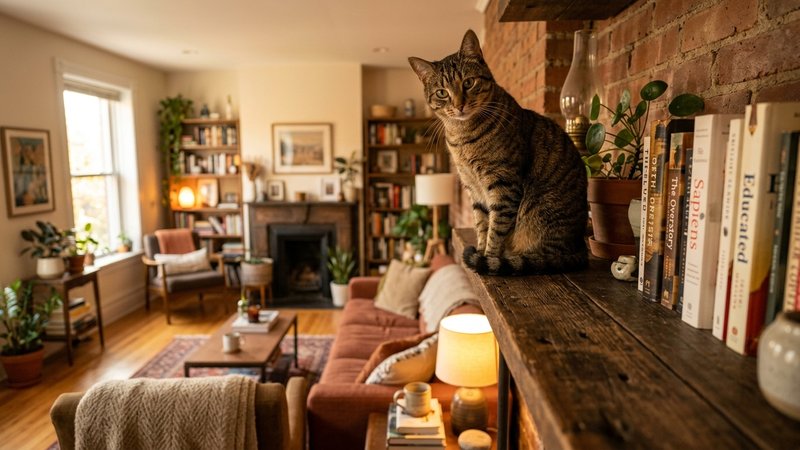 Un gato encaramado en una estantería elevada de un salón cálido, vigilando la sala con mirada atenta y controladora desd