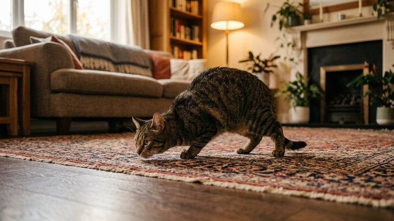Un gato desplazándose muy pegado al suelo por el salón de una casa cálida, con el cuerpo bajo y la cabeza gacha en actit
