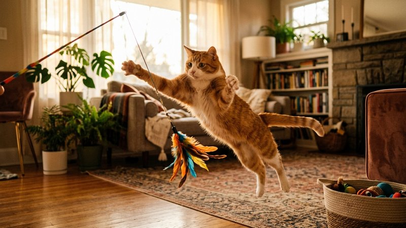 Un gato jugando con energía saltando tras un juguete de plumas en el salón de un hogar cálido, en pleno movimiento y muy