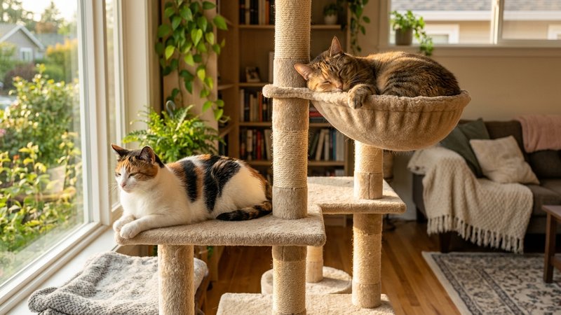 Dos gatos descansando tranquilos en niveles distintos de un árbol rascador en un salón cálido, en calma y sin tensión en