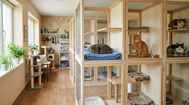 Una sala de protectora felina con jaulas amplias, limpias y bien iluminadas, gatos sanos descansando sobre repisas de ma
