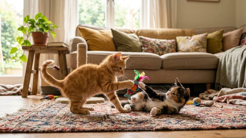 Dos gatitos sanos jugando sobre la alfombra del salón de una casa de acogida, sofá y cojines al fondo, ambiente hogareño