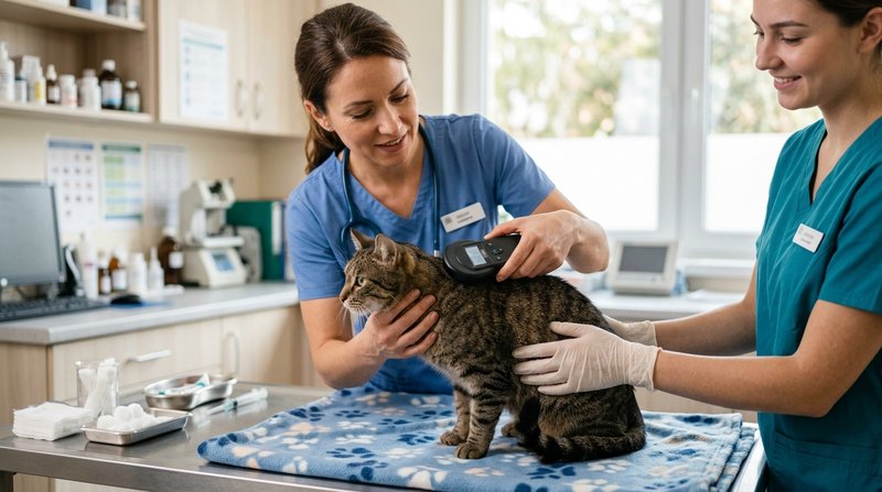 Un veterinario pasando un lector de microchip por el lomo de un gato tranquilo sobre la mesa de una consulta luminosa, a