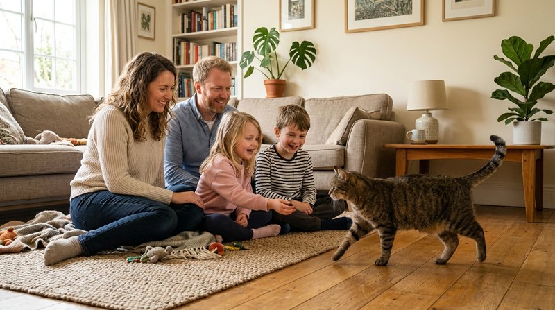 Una familia sentada en el suelo del salón conociendo a un gato adulto sereno que camina hacia ellos, ambiente hogareño c