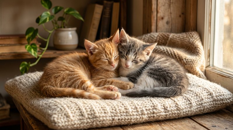 Dos gatitos hermanos durmiendo acurrucados juntos sobre un cojín mullido en un rincón hogareño, expresión de calma absol