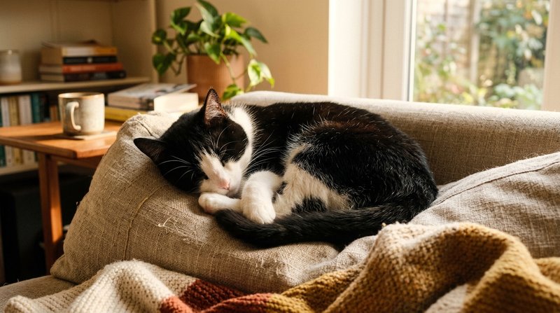 Un gato adulto negro y blanco durmiendo plácidamente hecho un ovillo sobre el cojín de un sofá, ambiente hogareño acoged