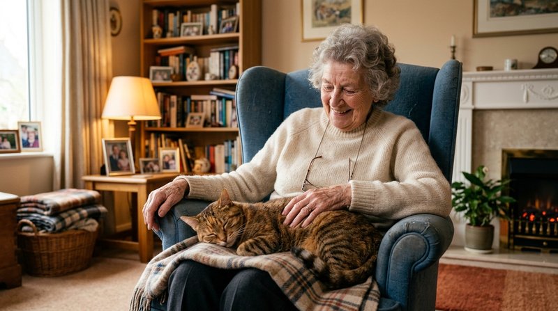 Una persona mayor sonriente sentada en un sillón con un gato adulto tranquilo acomodado en su regazo, mano acariciándole