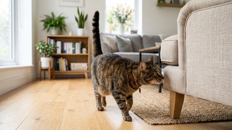 Un gato adulto marrón explorando con calma un salón nuevo, olfateando el borde de un sillón con la cola levantada, ambie