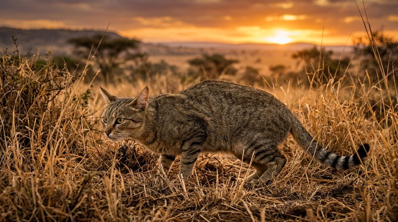 Un gato de aspecto salvaje parecido al gato montés africano, agazapado y alerta entre hierba seca y dorada de una zona á