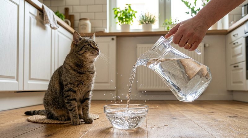 Una mano vertiendo agua fresca desde una jarra de cristal a un cuenco limpio mientras un gato observa expectante a su la