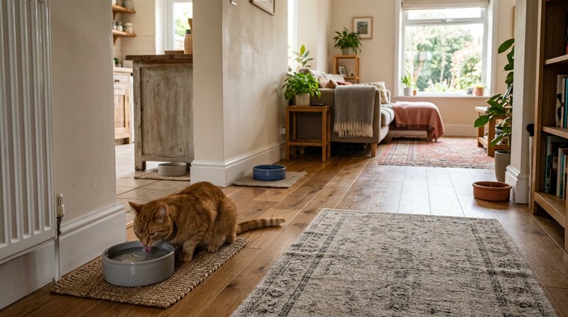 Un gato bebiendo de uno de varios cuencos de agua repartidos en distintos rincones tranquilos de una casa cálida, coloca