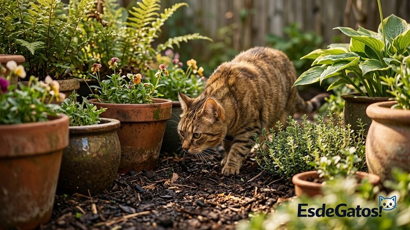 Un gato caminando con sigilo entre las macetas y las plantas de un jardín trasero, olfateando la tierra con curiosidad
