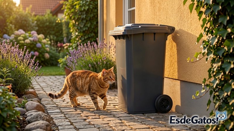 Un gato acercándose a un cubo de basura de exterior con la tapa bien cerrada junto a la pared de una casa con jardín, si