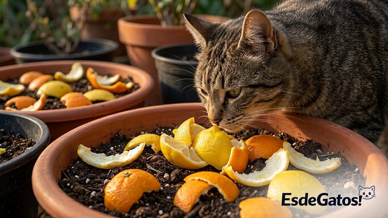 Cáscaras de limón y naranja esparcidas sobre la tierra de unas macetas de un jardín, con un gato olfateándolas de cerca