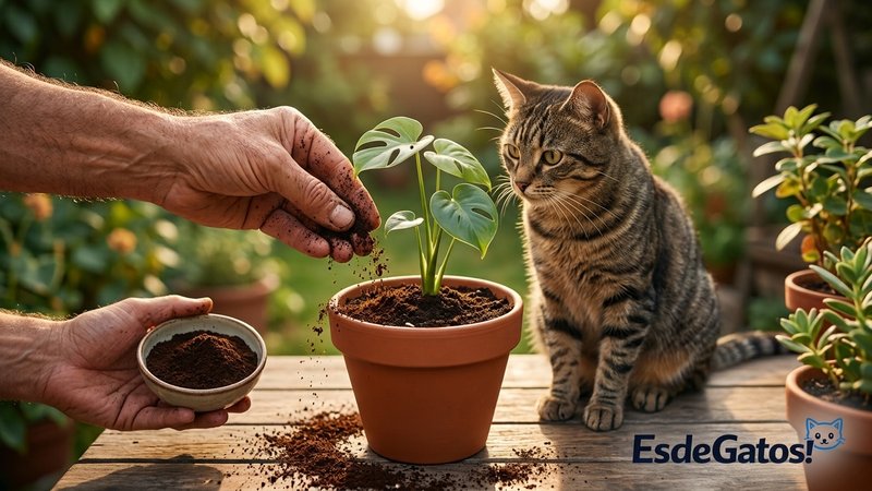 Una mano esparciendo posos de café sobre la tierra de una maceta en un jardín soleado, con un gato observando a un lado