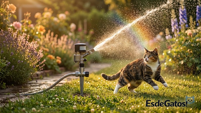 Un aspersor de jardín con sensor de movimiento lanzando un chorro de agua mientras un gato se retira sorprendido sobre e