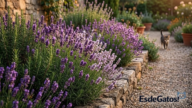 Un macizo de lavanda y romero floreciendo en el borde de un jardín, con un gato pasando de largo a cierta distancia
