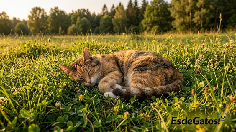 Un gato descansando relajado sobre la hierba de una zona verde apartada, lejos de las casas, bajo una luz cálida