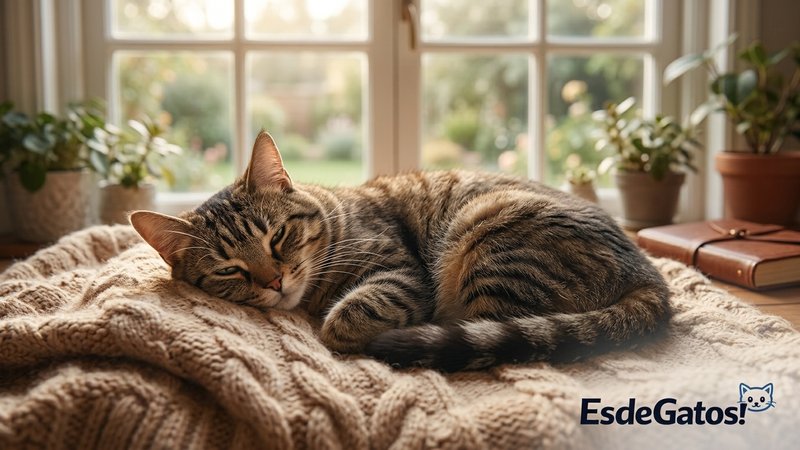 Un gato sano y sereno recostado cómodamente sobre una manta suave junto a la ventana de un hogar tranquilo, con expresió