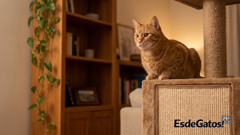 Un gato feliz trepado en lo alto de un rascador con repisas junto a una ventana soleada, mirando el exterior desde la se