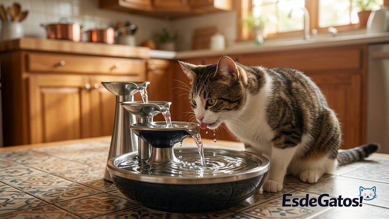 Un gato bebiendo agua fresca de una fuente de agua en movimiento colocada en el suelo de una cocina hogareña luminosa