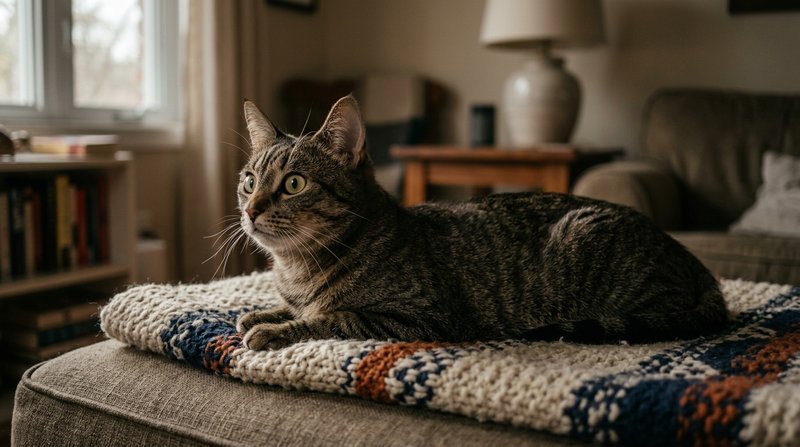 Un gato de mirada alerta y orejas erguidas sobre una manta, expresión de sobresalto ante algo invisible, luz de tarde te