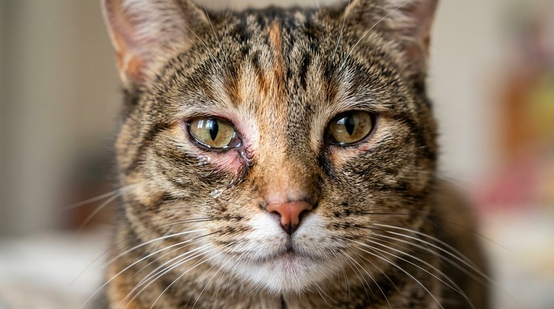 Un primer plano del rostro de un gato con los ojos algo llorosos y la piel de la zona levemente irritada, retrato detall