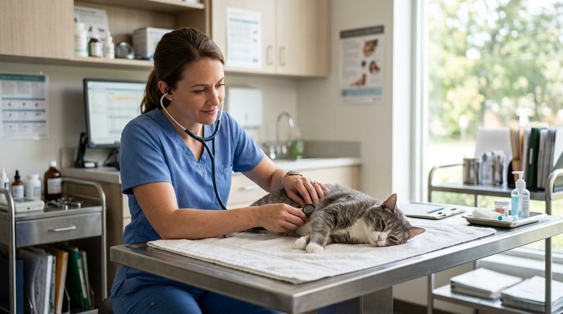 Un veterinario auscultando con calma a un gato tranquilo sobre la mesa de una consulta luminosa y limpia, ambiente profe