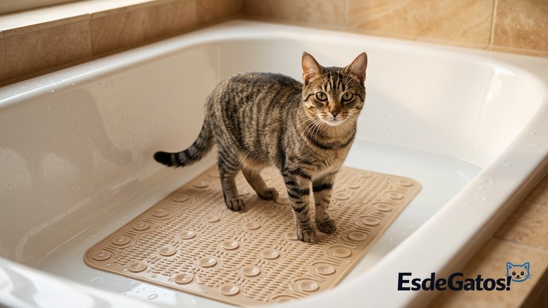 Una alfombrilla antideslizante de silicona en el fondo de una bañera, con un gato de pie sobre ella