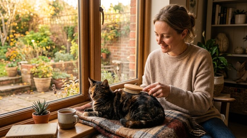 Una persona cepillando con delicadeza el lomo de un gato sano de pelaje brillante junto a una ventana, ambiente doméstic