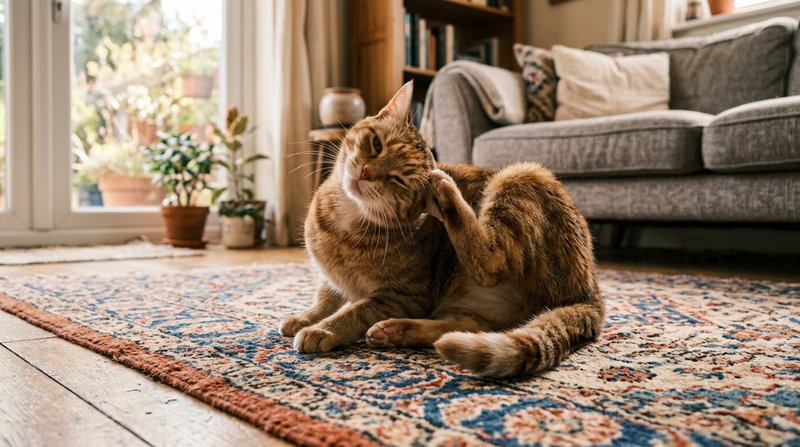 Un gato de pelo corto rascándose el cuello con la pata trasera sobre una alfombra de salón, gesto de picor evidente, luz