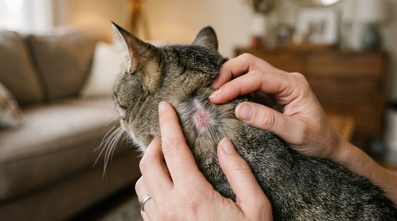 Un primer plano de la piel de un gato mientras unas manos le separan el pelo del cuello mostrando una zona irritada, luz