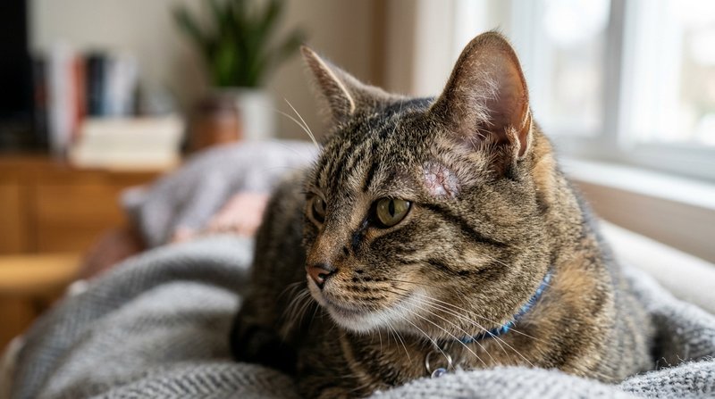 Un gato con una pequeña calva redondeada y piel escamosa cerca de la oreja, retrato detallado, fondo hogareño neutro des