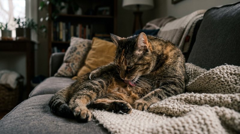 Un gato lamiéndose insistentemente la barriga tumbado sobre un sofá acogedor, gesto de desasosiego, luz natural tenue, a