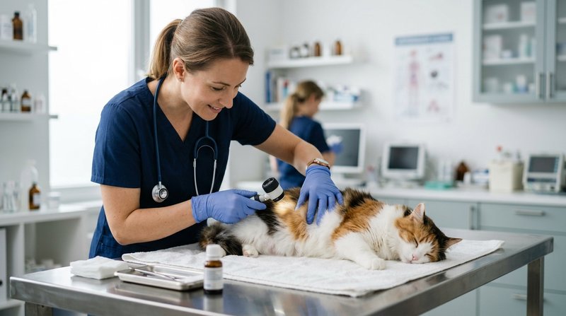Un veterinario examinando con calma la piel de un gato tranquilo sobre la mesa de una consulta luminosa y limpia, ambien