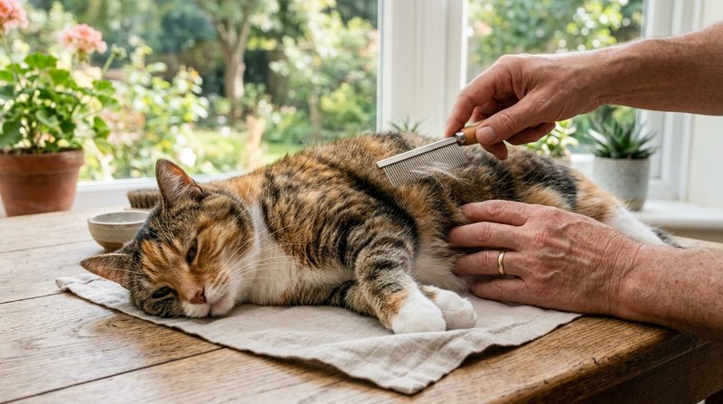 Unas manos revisando el pelaje de un gato con un peine fino sobre una mesa junto a una ventana, primer plano detallado,