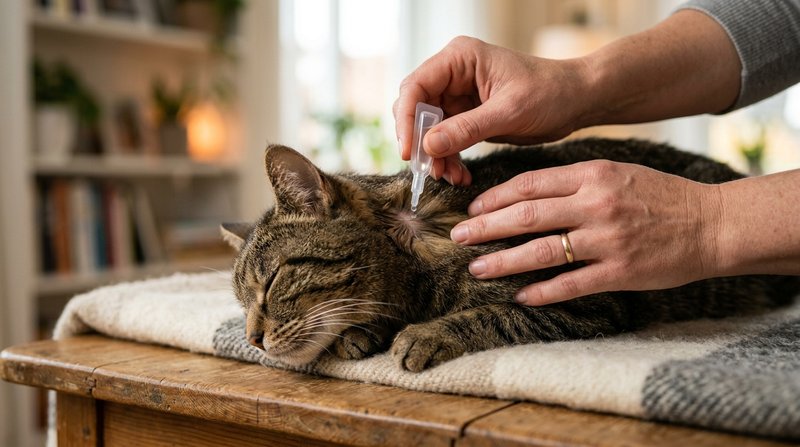 Unas manos aplicando una pipeta en la nuca de un gato relajado sobre una mesa, primer plano cuidadoso, fondo hogareño cá