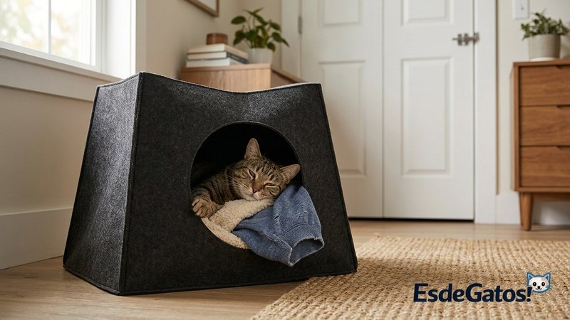 Una alternativa segura al clóset para un gato: una caja cómoda o cama tipo cueva colocada