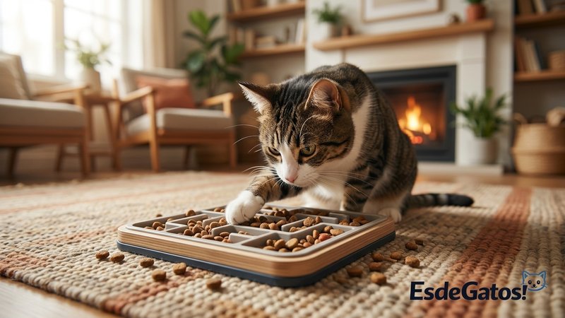 Un gato curioso husmeando y sacando croquetas con la pata de un comedero tipo puzzle sobre una alfombra en el salón de u