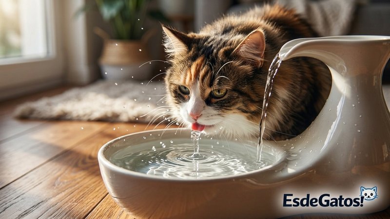 Un gato bebiendo del chorro de una fuente para gatos con el agua fluyendo, colocada en un rincón cálido del hogar sobre