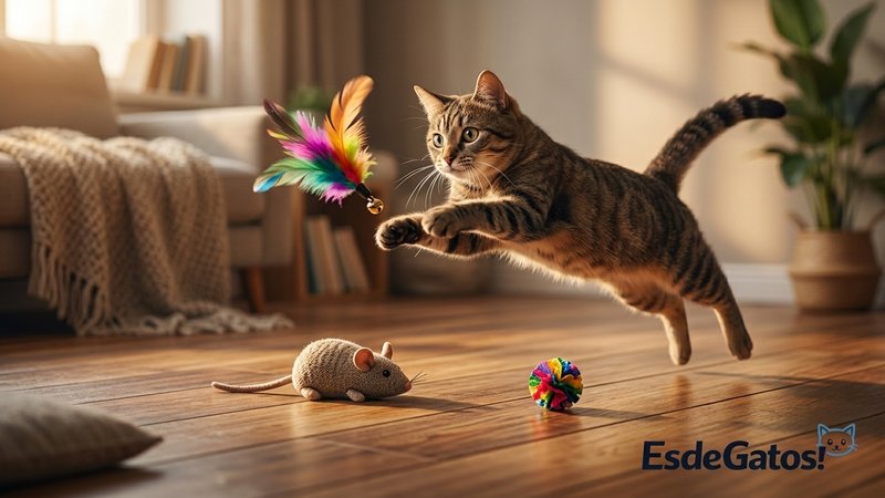 Un gato en pleno salto cazando un juguete de plumas en el aire, con un ratón de peluche y una pelota pequeña en el suelo