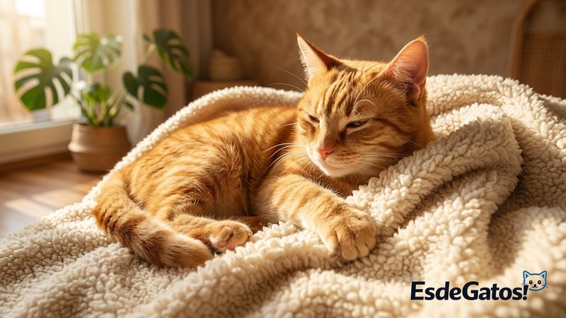 Un gato amasando y acurrucándose sobre una manta mullida colocada en un rincón soleado del hogar, con expresión de place